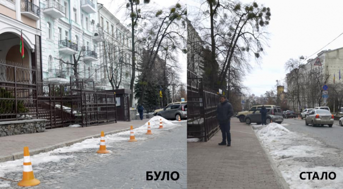 У посольства Беларуси убрали парковочные конусы.