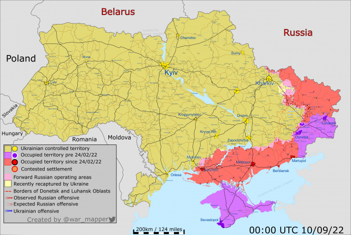 Карта боевых действий на Украине 10 сентября.