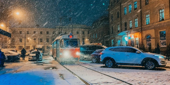 трамвай, вечер, киев, снег, зима