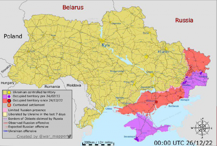 Карта боевых действий в Украине 25 декабря