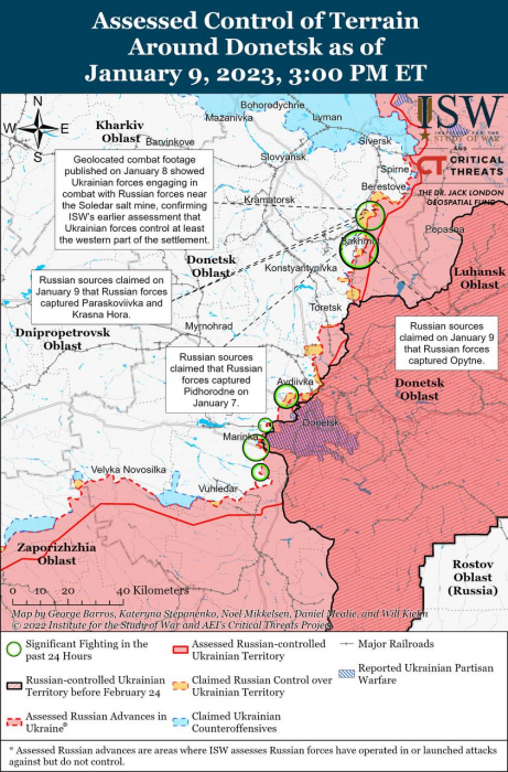 Карта боевых действий на Украине 10 января.