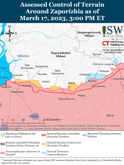 Карта боевых действий на Украине 18 марта. Фото: ISW