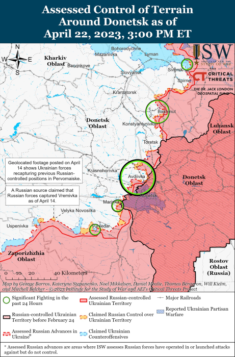 Мапа бойових дій в Україні 23 квітня 2023 року.