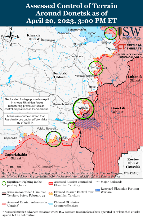 Карта боевых действий в Украине 21 апреля 2023 года.