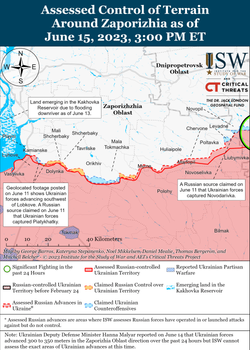 Карта боевых действий на Украине 16 июня. Фото: ISW