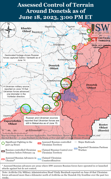 Карта боевых действий на Украине 19 июня. Фото: ISW