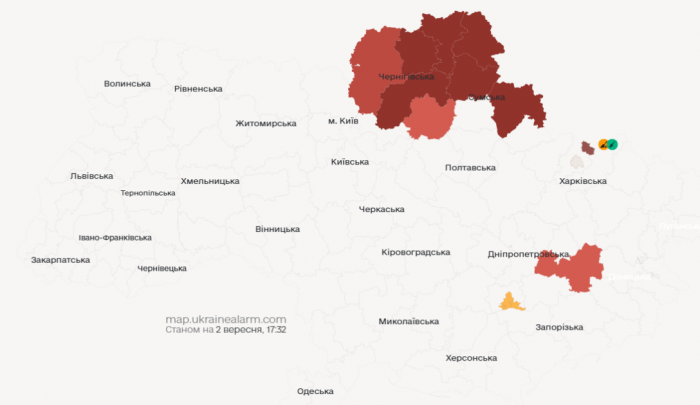 Воздушная тревога из-за атаки на Украину 2 сентября по состоянию на 16:00 Атака на Украину 2 сентября