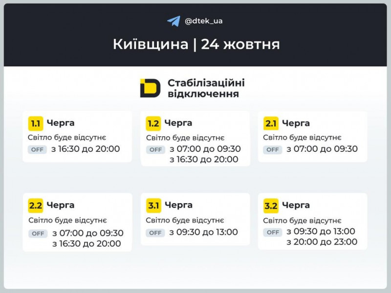 Графіки відключень електроенергії в Київській області на 24 жовтня