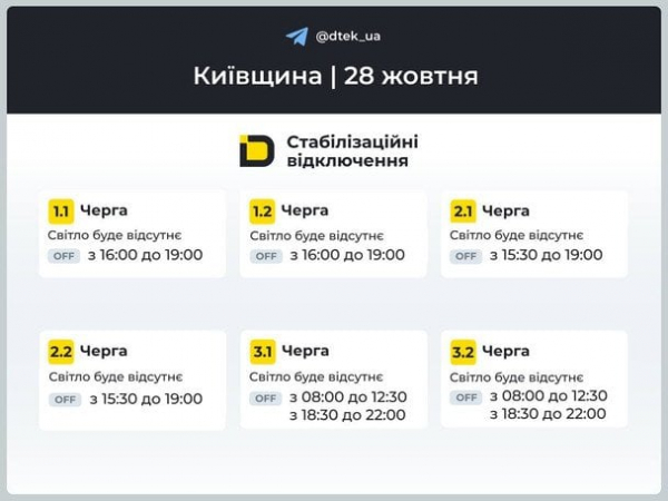 Графіки відключень світла оновили: в ДТЕК повідомили про черги на Київщині та в столиці 28 жовтня (таблиця)
  
 Графіки відключень світла оновили: в ДТЕК повідомили про черги на Київщині та в столиці 28 жовтня (таблиця)