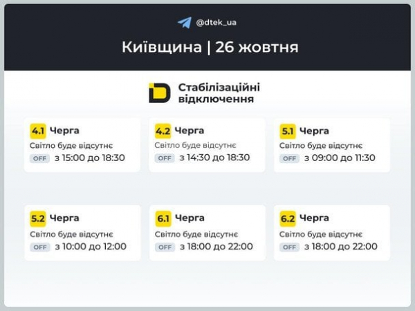 Відключення світла 26 жовтня на Київщині: коли вимикатимуть електрику (графіки)
  
 Відключення світла 26 жовтня на Київщині: коли вимикатимуть електрику (графіки)