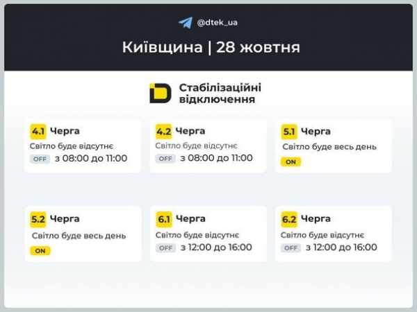 Графіки відключень світла оновили: в ДТЕК повідомили про черги на Київщині та в столиці 28 жовтня (таблиця)
  
 Графіки відключень світла оновили: в ДТЕК повідомили про черги на Київщині та в столиці 28 жовтня (таблиця)