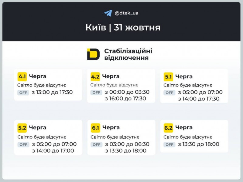 Графіки відключень на 31 жовтня: як вимикатимуть світло в Києві та області