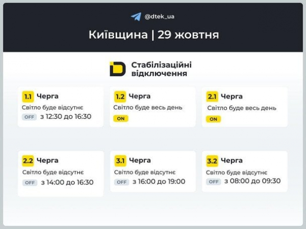 Графік відключення світла в Києві та області 29 жовтня: коли та де не буде електроенергії
  
 Графік відключення світла в Києві та області 29 жовтня: коли та де не буде електроенергії