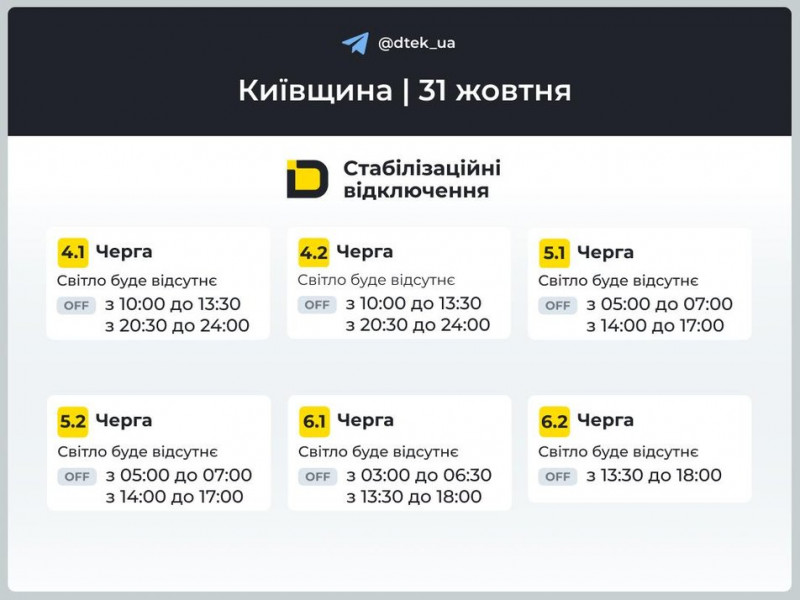Графіки відключень на 31 жовтня: як вимикатимуть світло в Києві та області