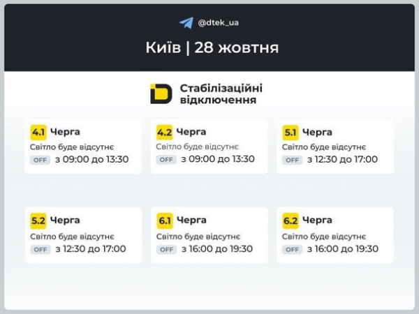 Графіки відключень світла оновили: в ДТЕК повідомили про черги на Київщині та в столиці 28 жовтня (таблиця)
  
 Графіки відключень світла оновили: в ДТЕК повідомили про черги на Київщині та в столиці 28 жовтня (таблиця)