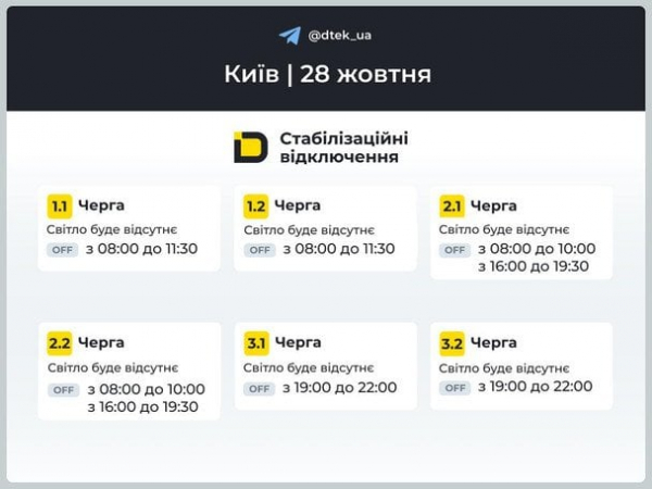 Графіки відключень світла оновили: в ДТЕК повідомили про черги на Київщині та в столиці 28 жовтня (таблиця)
  
 Графіки відключень світла оновили: в ДТЕК повідомили про черги на Київщині та в столиці 28 жовтня (таблиця)