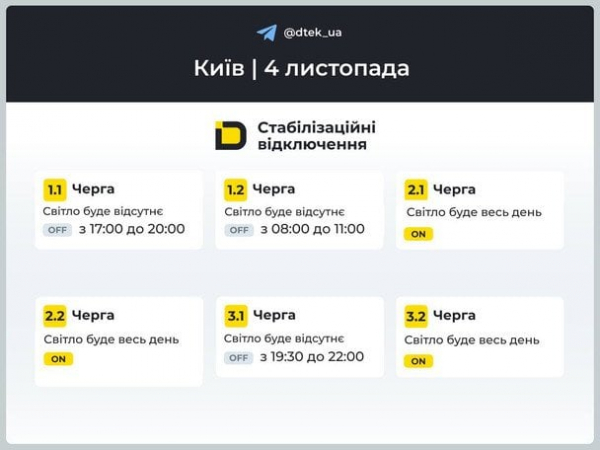 
 Відключення світла в Києві: перевірте графік на 4 листопада
 