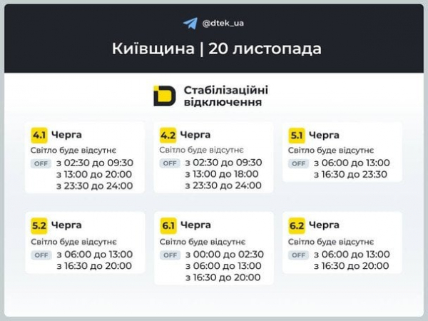 Графіки відключень світла на 20 листопада: коли не буде електрики для мешканців Київщини
Графіки відключень світла на 20 листопада: коли не буде електрики для мешканців Київщини
