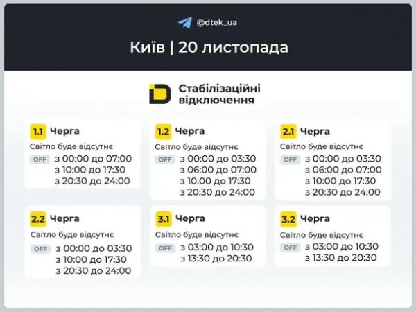 Скільки годин Київ буде без світла 20 листопада
Скільки годин Київ буде без світла 20 листопада