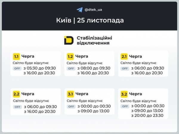 Відключення світла у Києві та на Київщині: графіки оновили
Відключення світла у Києві та на Київщині: графіки оновили