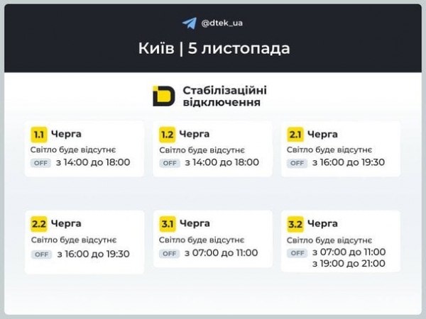 Графік відключення світла в Києві на 5 листопада: коли не буде електроенергії
Графік відключення світла в Києві на 5 листопада: коли не буде електроенергії