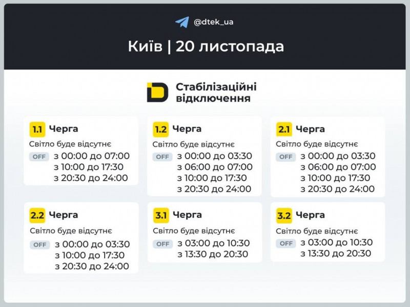 Відключення світла в Києві та області: графіки на 20 листопада