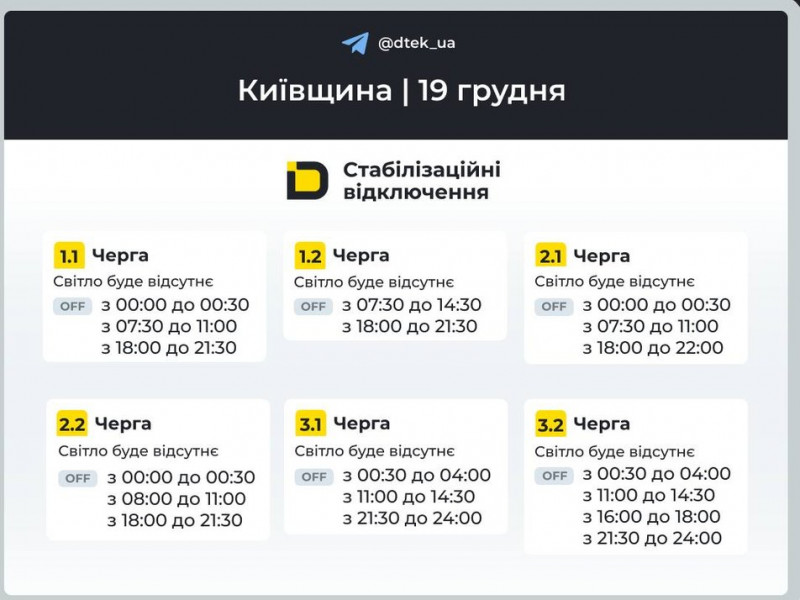 Енергетики оприлюднили графіки відключень світла в Києві й області на 19 грудня