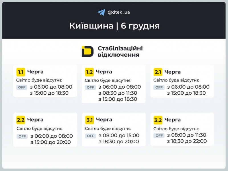 ДТЕК оновив графіки відключення світла в Києві та області