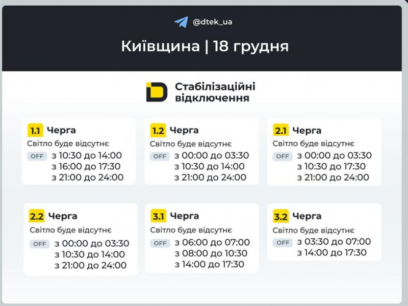 Відключення електрики в Києві та області: графіки на 18 грудня
