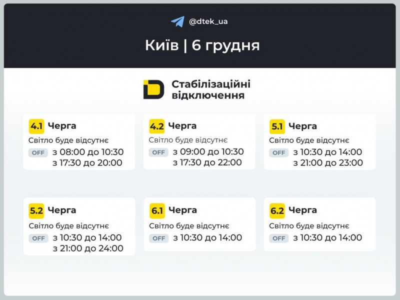 ДТЕК оновив графіки відключення світла в Києві та області