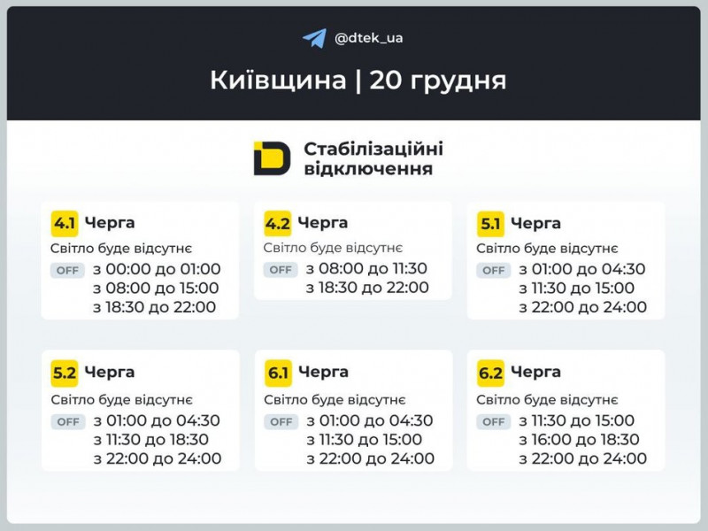 Усю добу 20 грудня у Києві та області вимикатимуть світло: коли саме