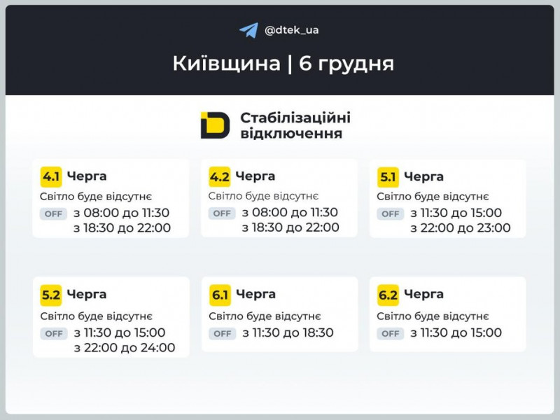 ДТЕК оновив графіки відключення світла в Києві та області