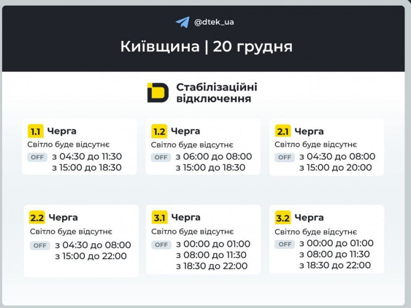 Усю добу 20 грудня у Києві та області вимикатимуть світло: коли саме