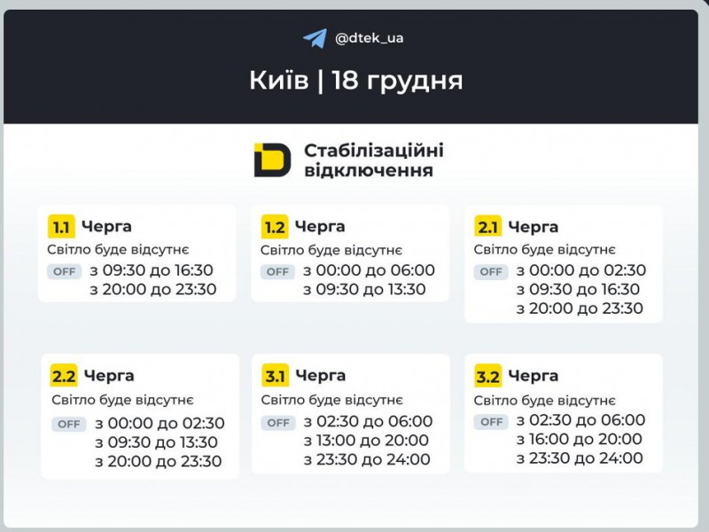 Відключення електрики в Києві та області: графіки на 18 грудня
