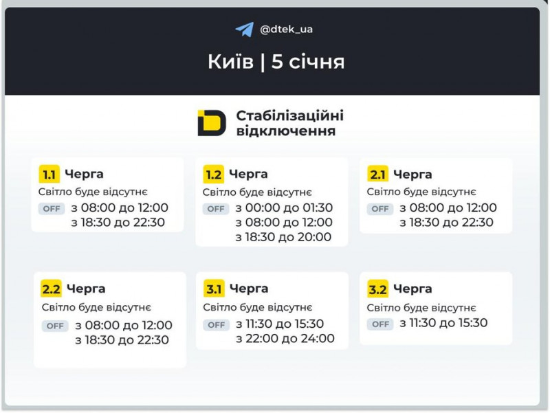 Вимкнення світла 5 січня: з'явилися графіки для столиці та Київської області