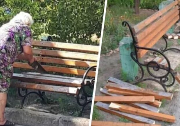 На Дарнице пожилая женщина испортила скамейки. Фото: Киев Сейчас.